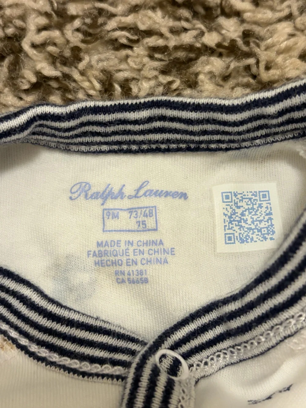 Ralph Lauren White Footed One-Piece with Navy Trim and Blue Bear Motif